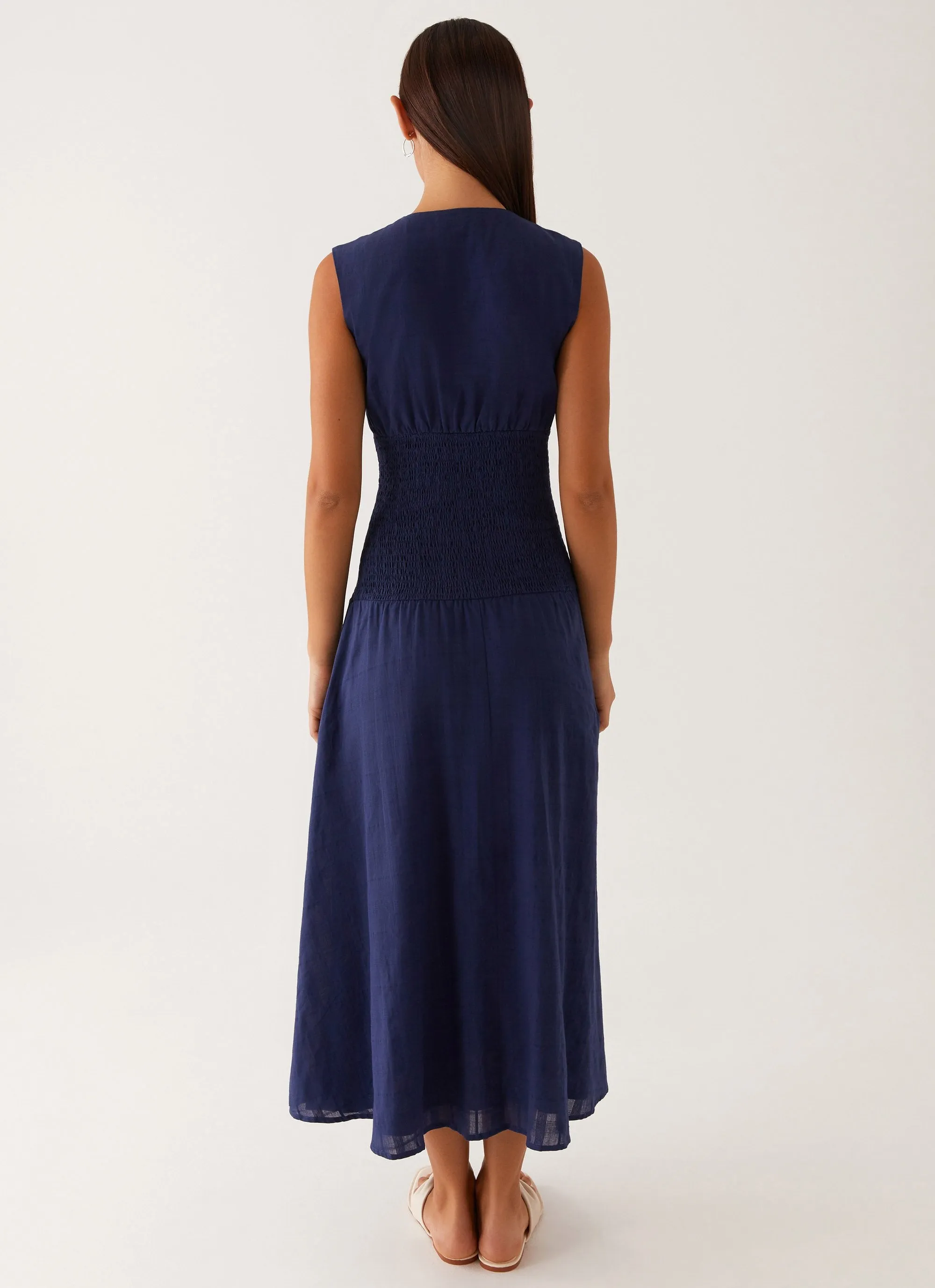 Belle Shirred Waist Midi Dress - Navy Timeless Fit