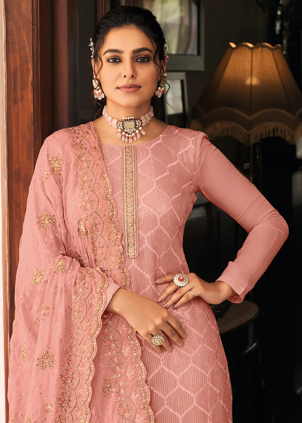 Pakistani Style Lovely Pink Function Wear Salwar Suit