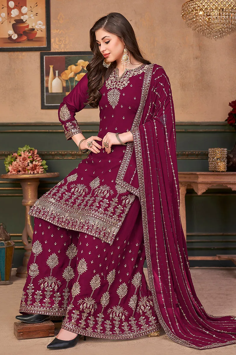 Pakistani Style Rani Pink Embroidered Palazzo Salwar Suit