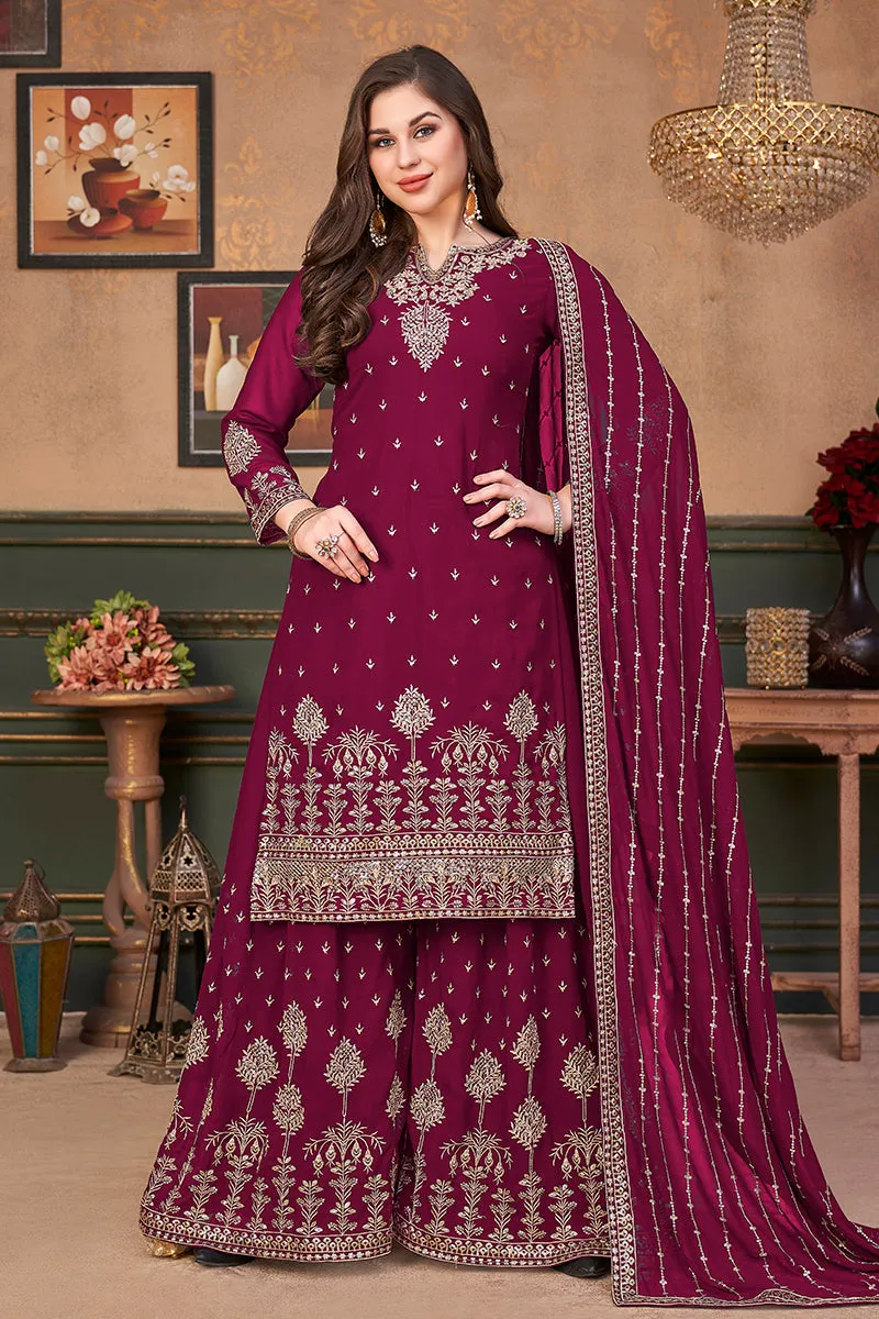 Pakistani Style Rani Pink Embroidered Palazzo Salwar Suit
