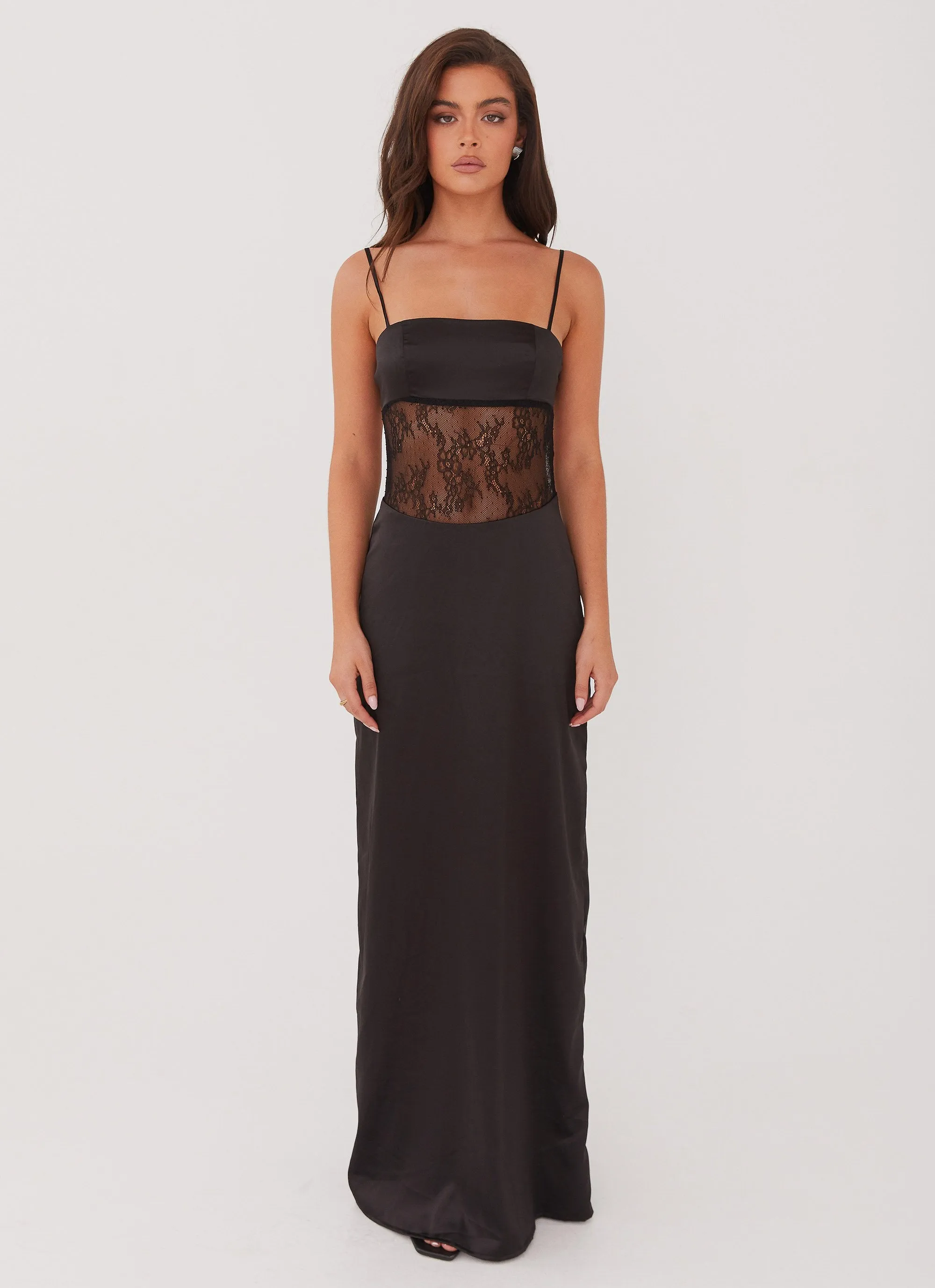 Palais Royale Lace Maxi Dress - Black Glossy Fabric