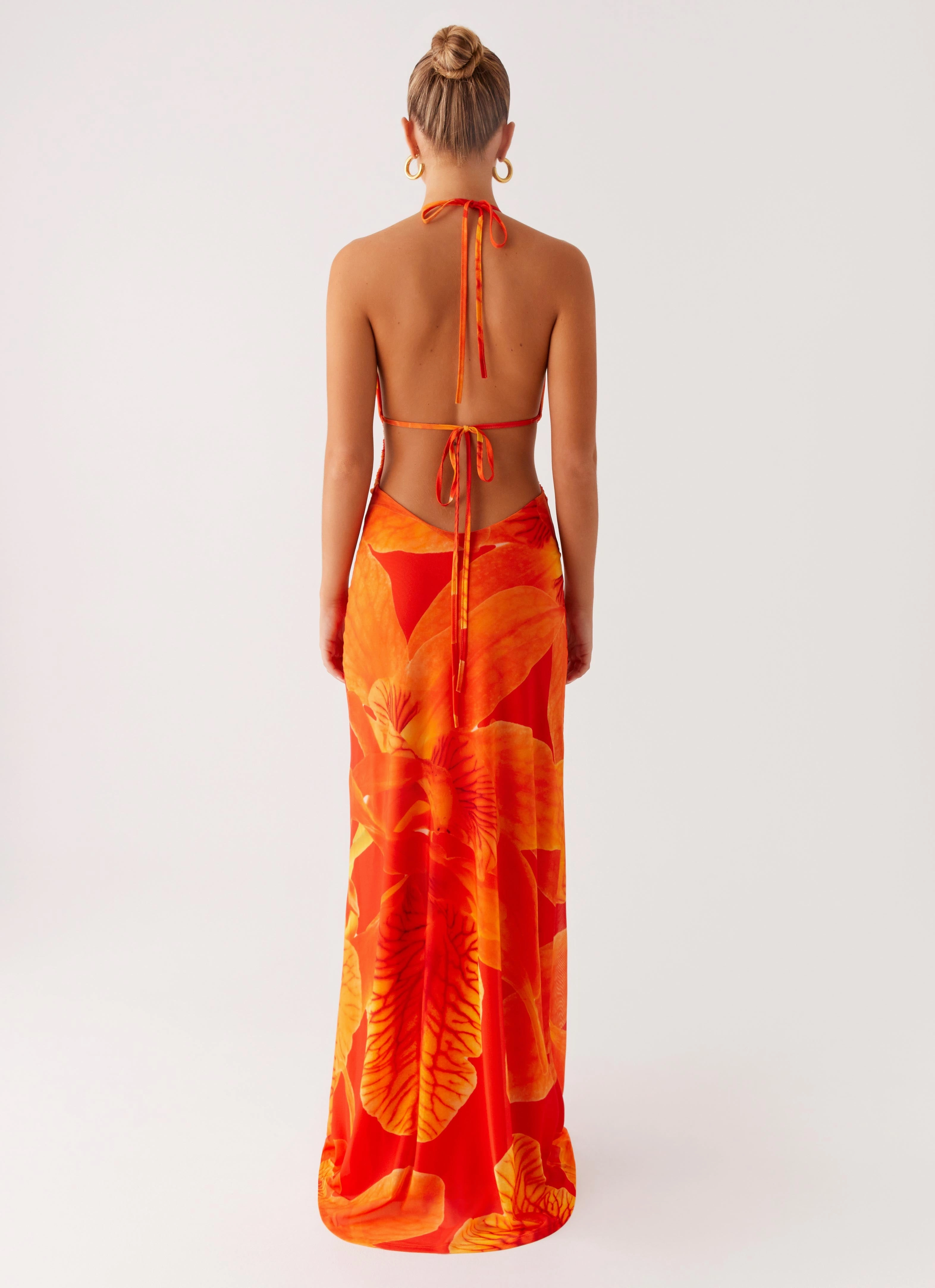Palawan Mesh Maxi Dress - Orange Floral Clean Structure Comfortable fit for outings