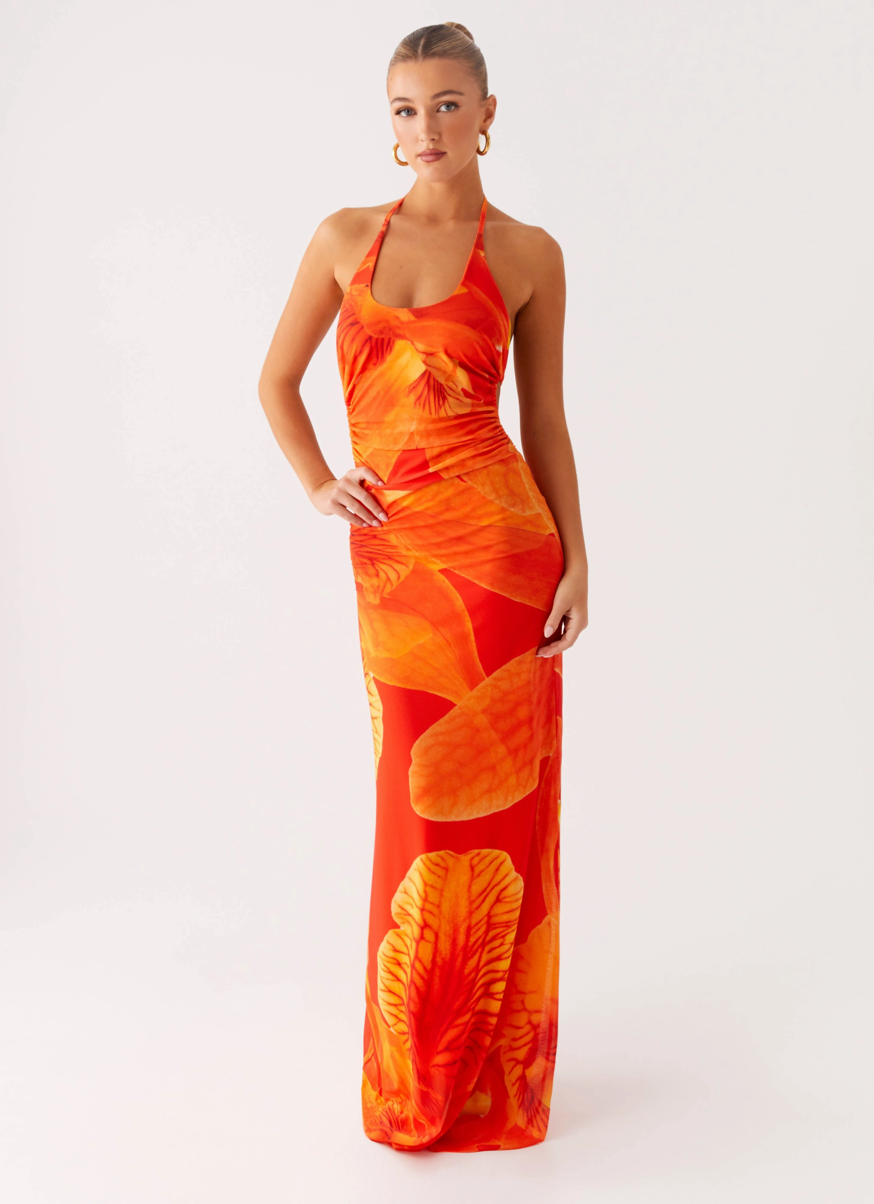 Palawan Mesh Maxi Dress - Orange Floral Elastic-Cuff Magnetic-Closure