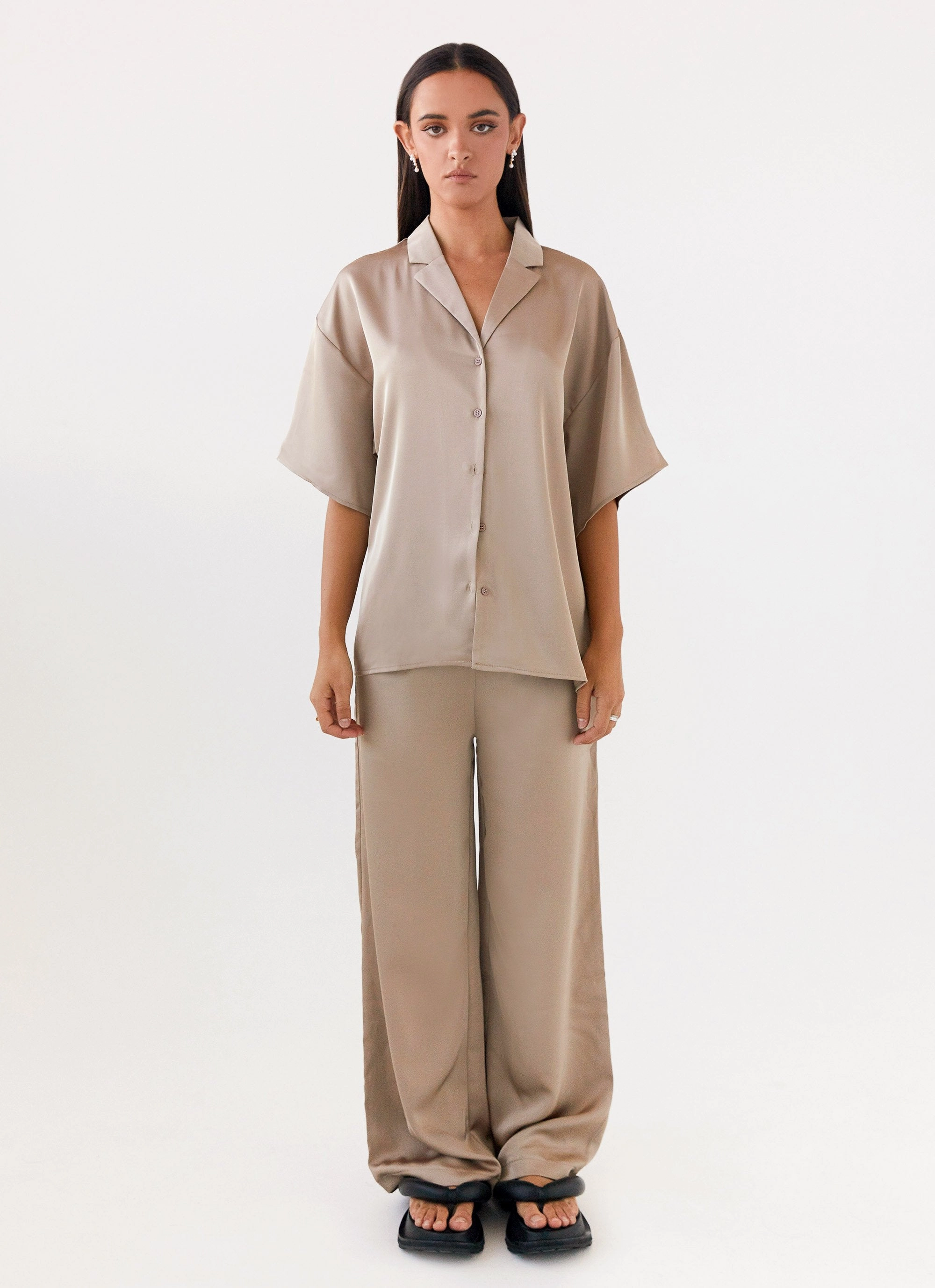Insulated Lining Palm Cove Satin Shirt - Mushroom