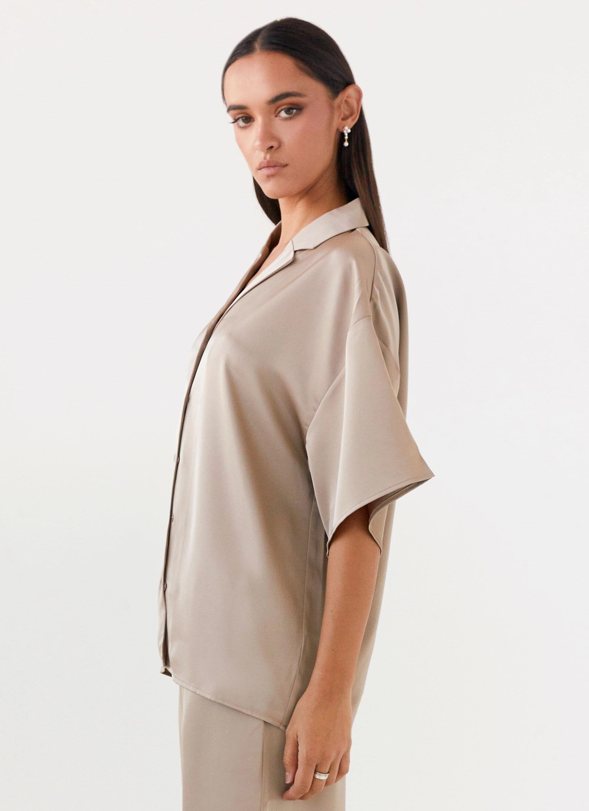 FleeceLined Palm Cove Satin Shirt - Mushroom