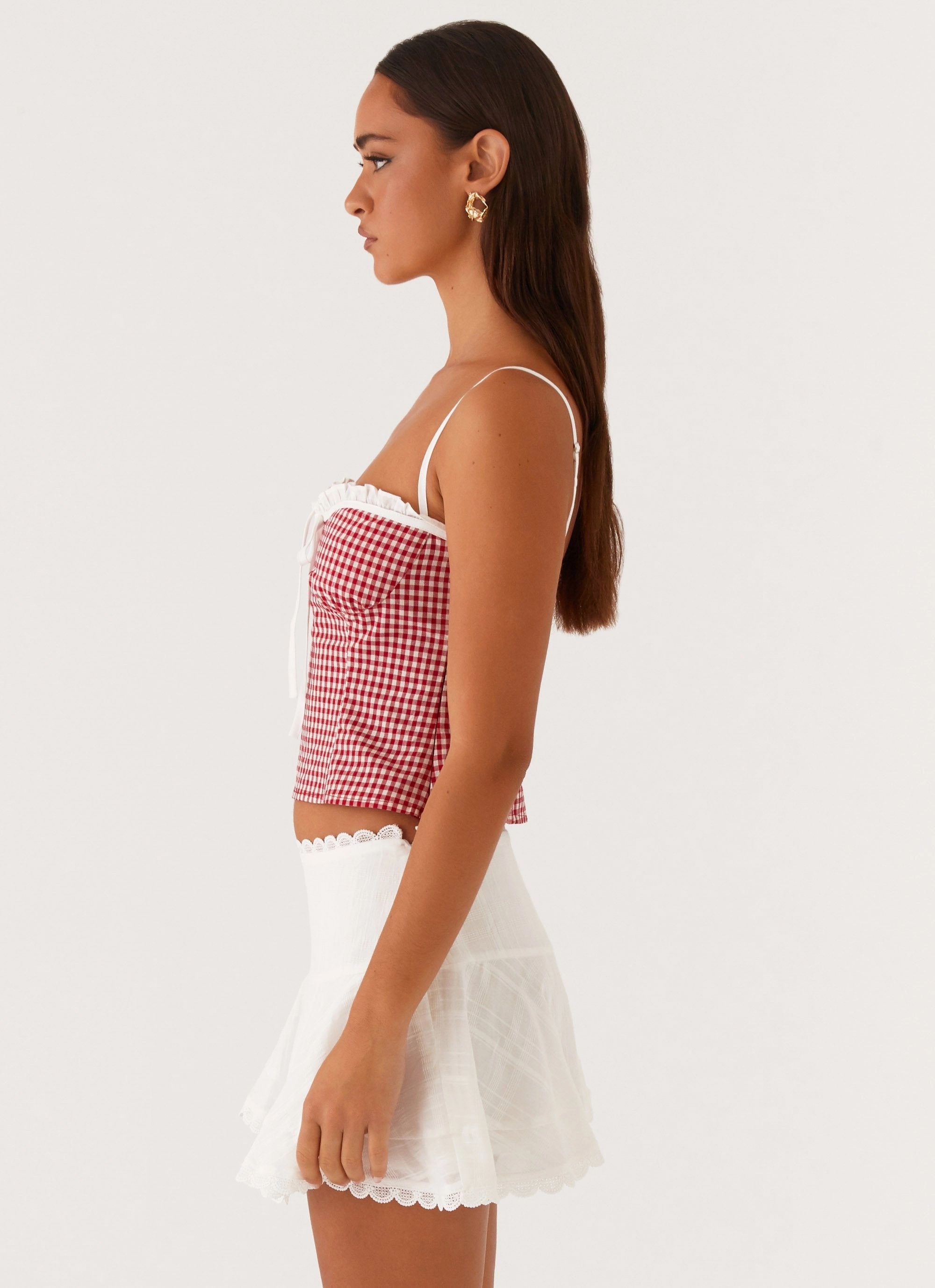 Tear Resistant Palmer Ruffle Bustier Top - Red Gingham