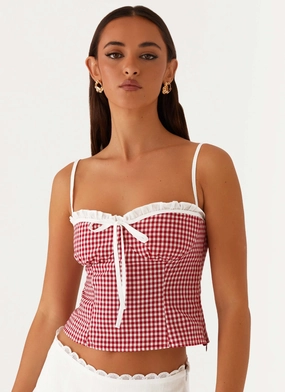 Palmer Ruffle Bustier Top - Red Gingham SeamlessSidePanels Layered Panel Design