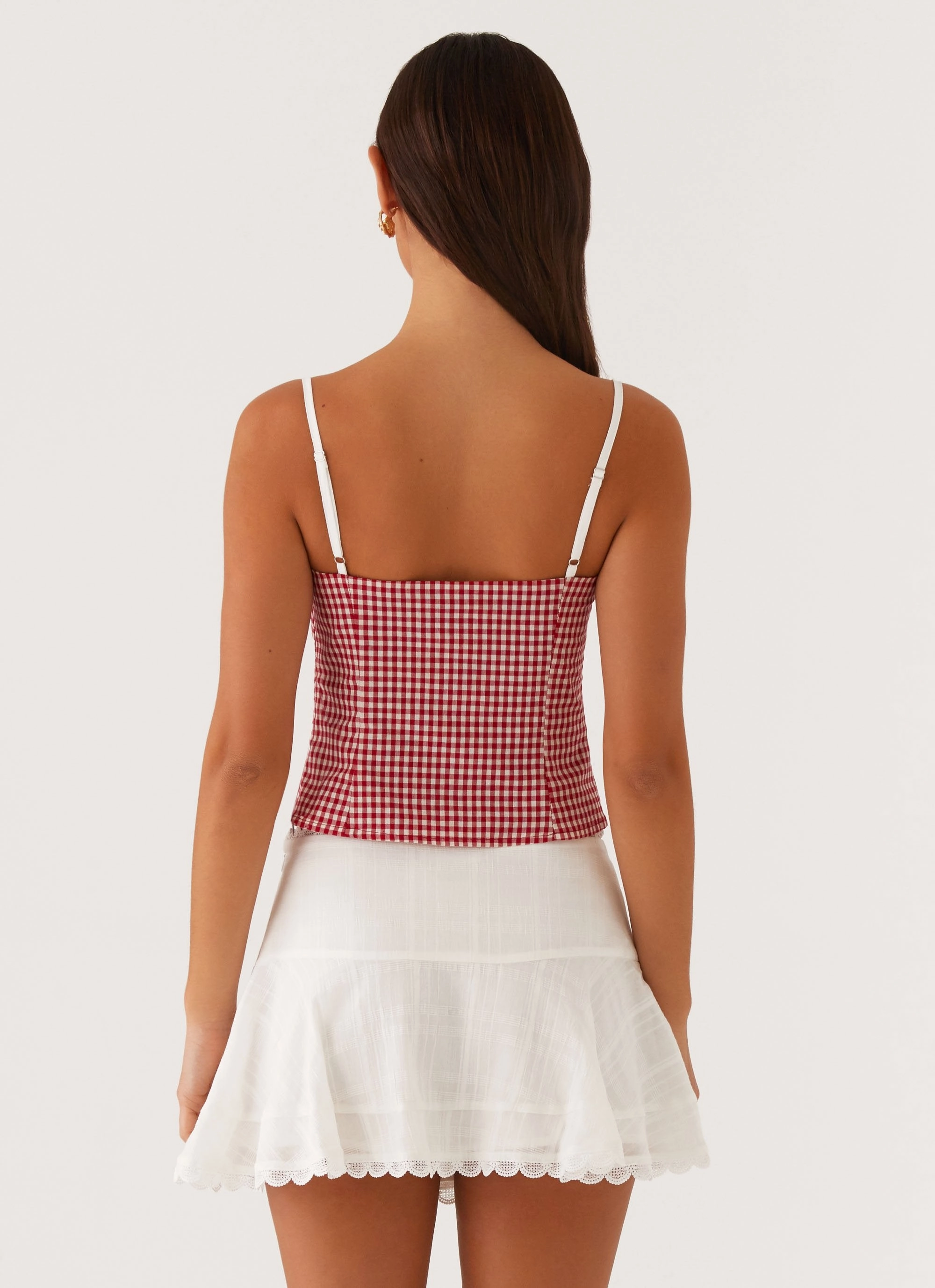 Palmer Ruffle Bustier Top - Red Gingham Noise Reduced Zipper EcoCertified Textile