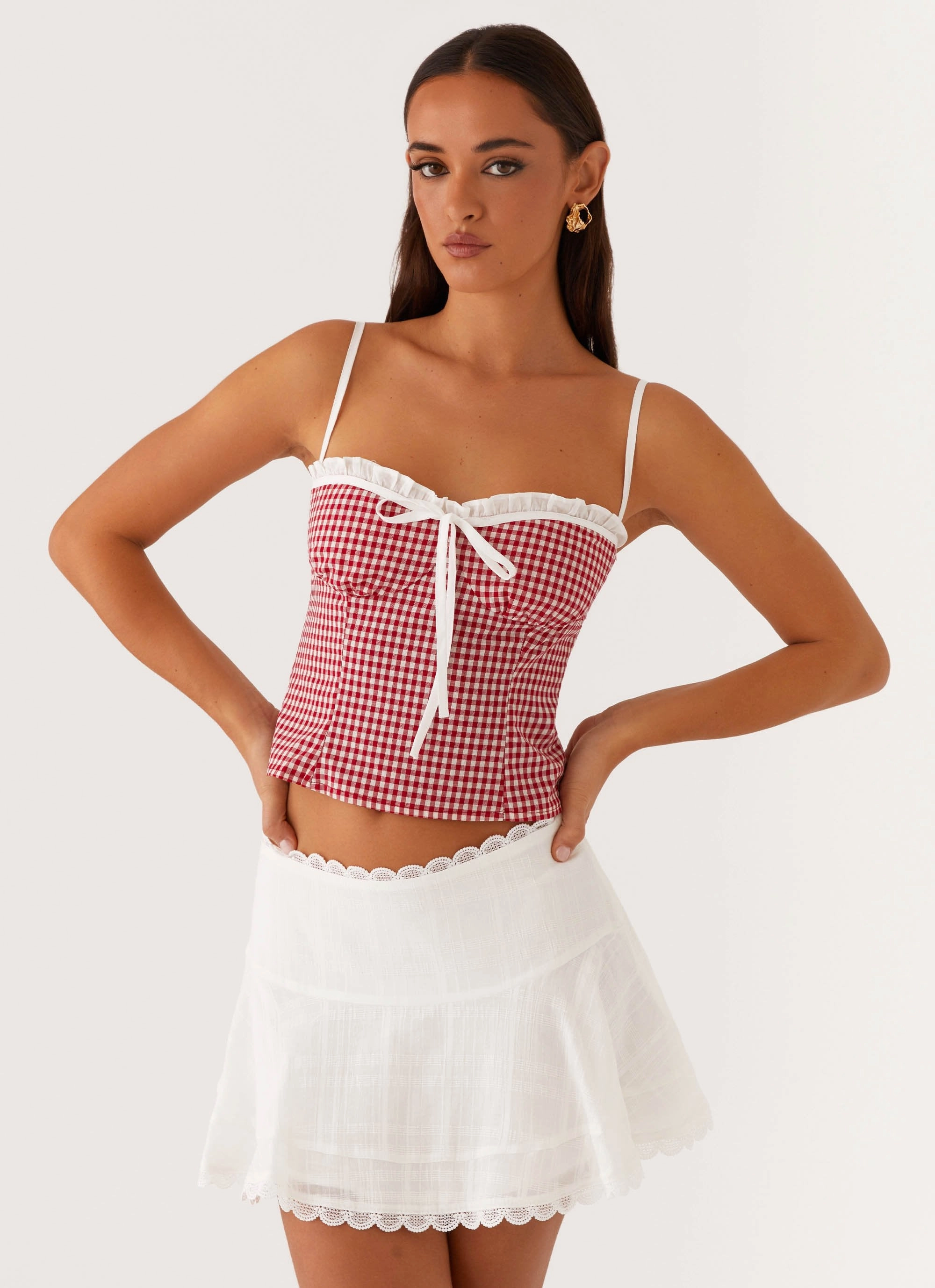 Palmer Ruffle Bustier Top - Red Gingham Cozy Fit