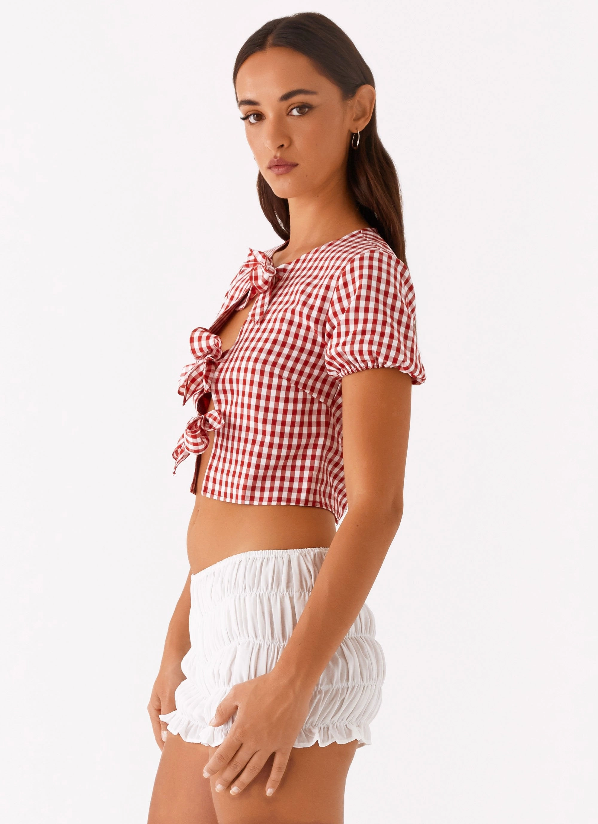 Pandora Blouse - Red Gingham LowMaintenanceMaterial Multi Pocket Functional Design