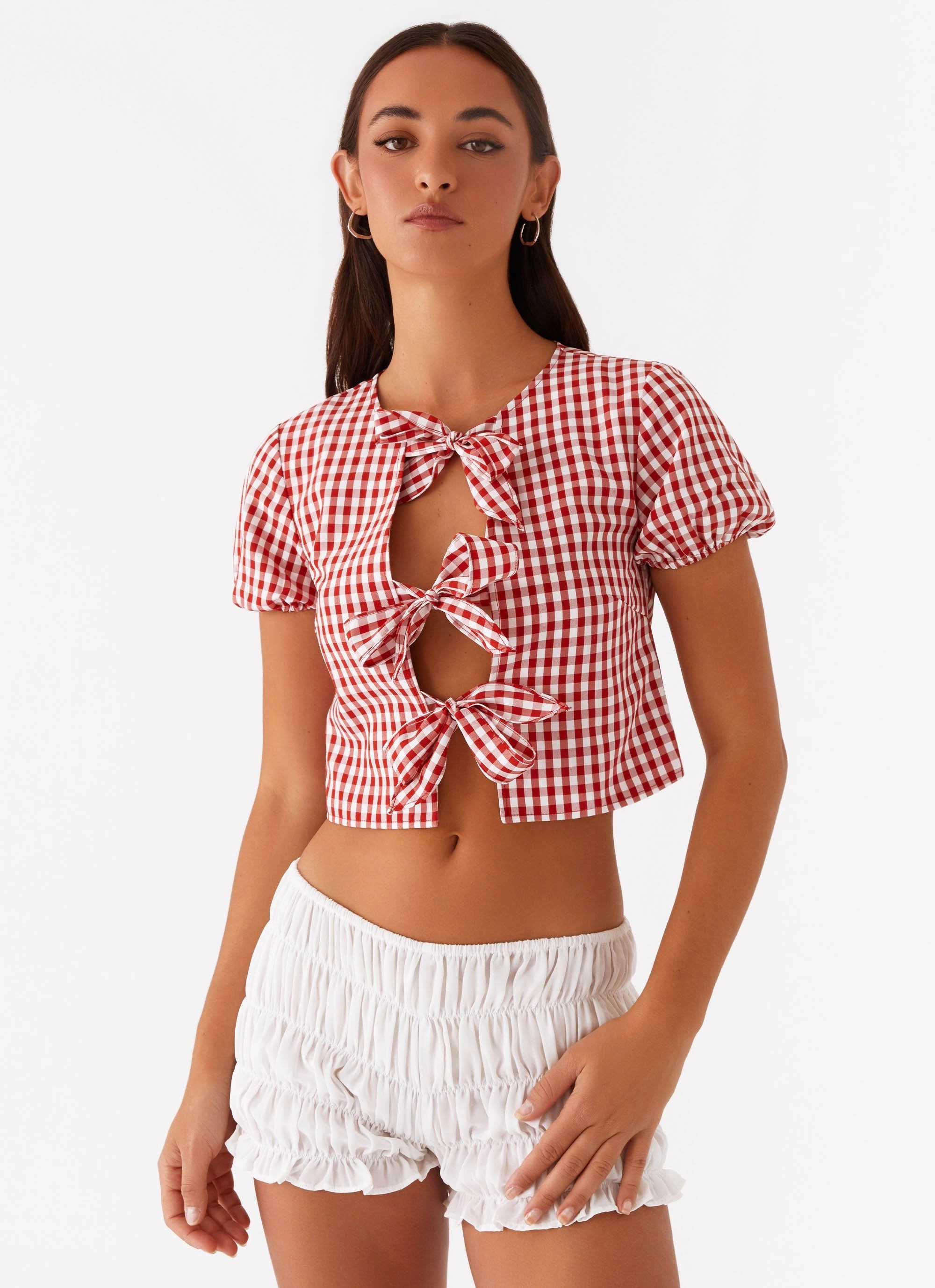 Pandora Blouse - Red Gingham Elasticated Hem simple design