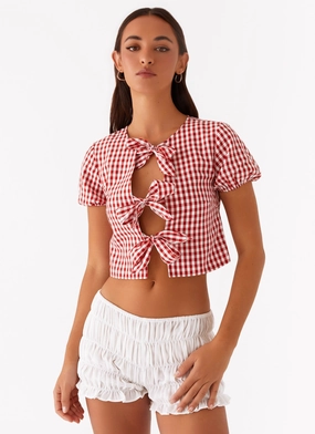 Pandora Blouse - Red Gingham Elasticated Hem simple design