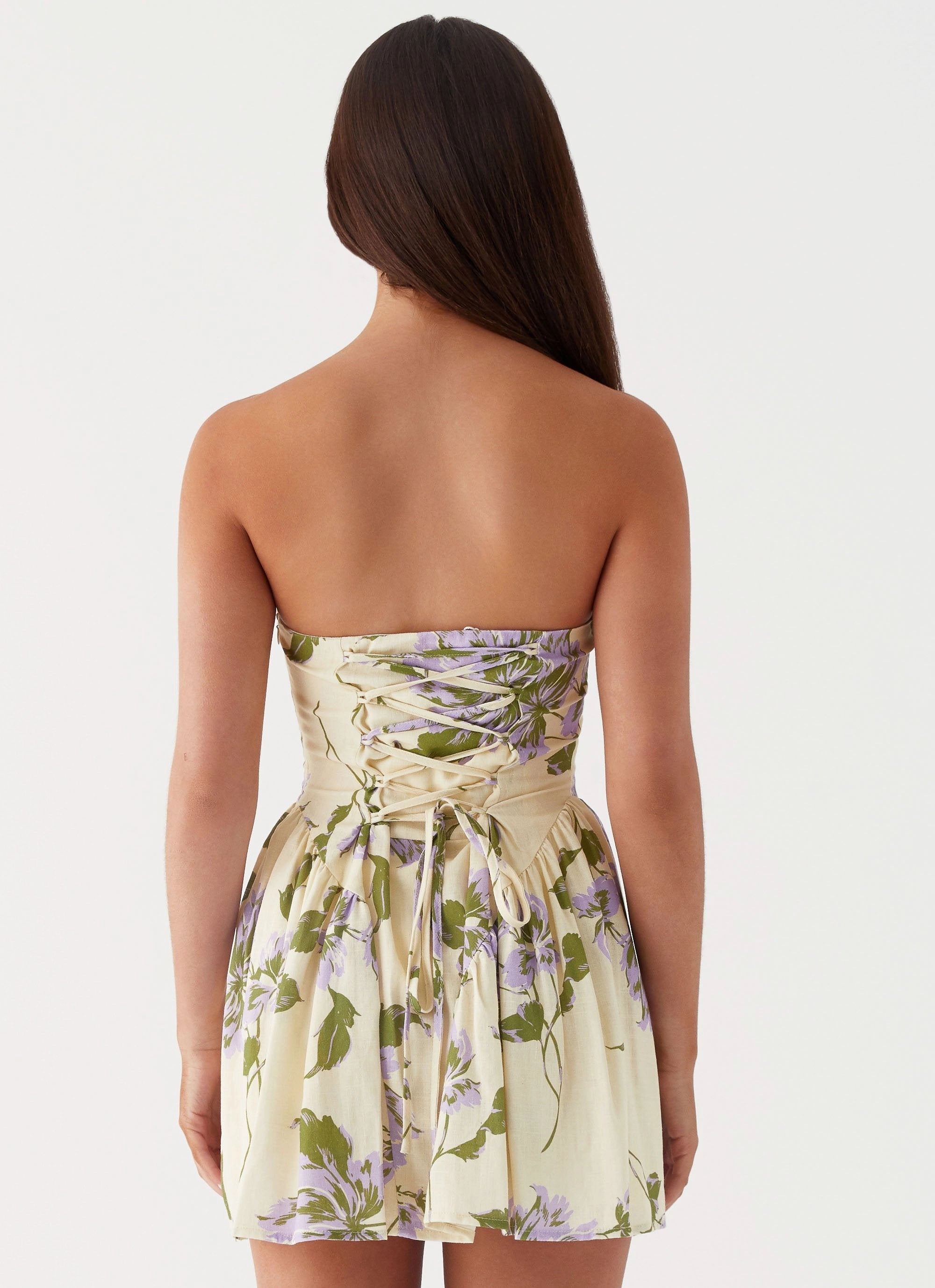 Satin-Finish Soft Layering Pardon My French Linen Mini Dress - Yellow Purple Floral
