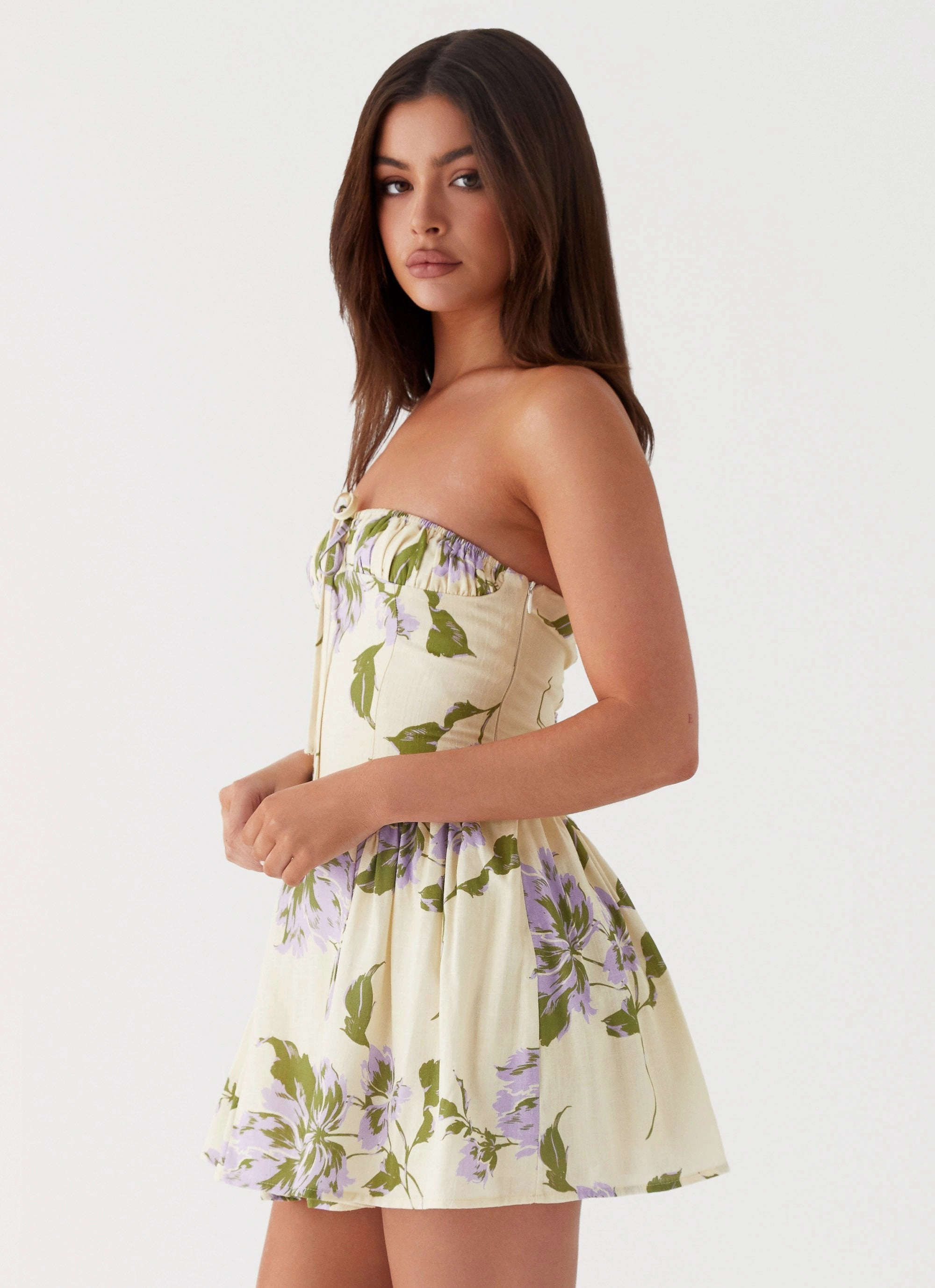 Pardon My French Linen Mini Dress - Yellow Purple Floral Cozy Base All Time Fit