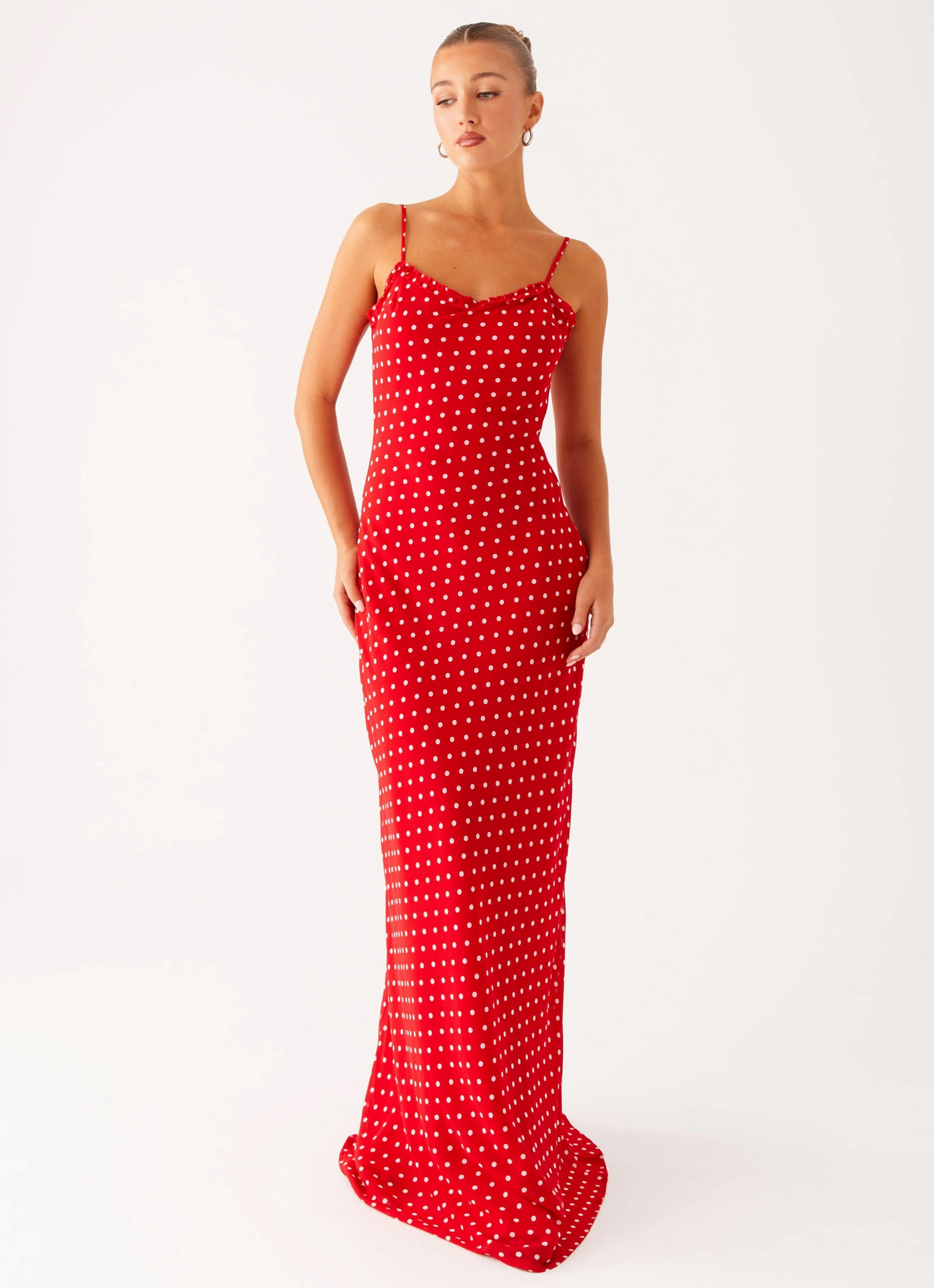 Button-Cuff Pareo Maxi Dress - Red Polka Dot