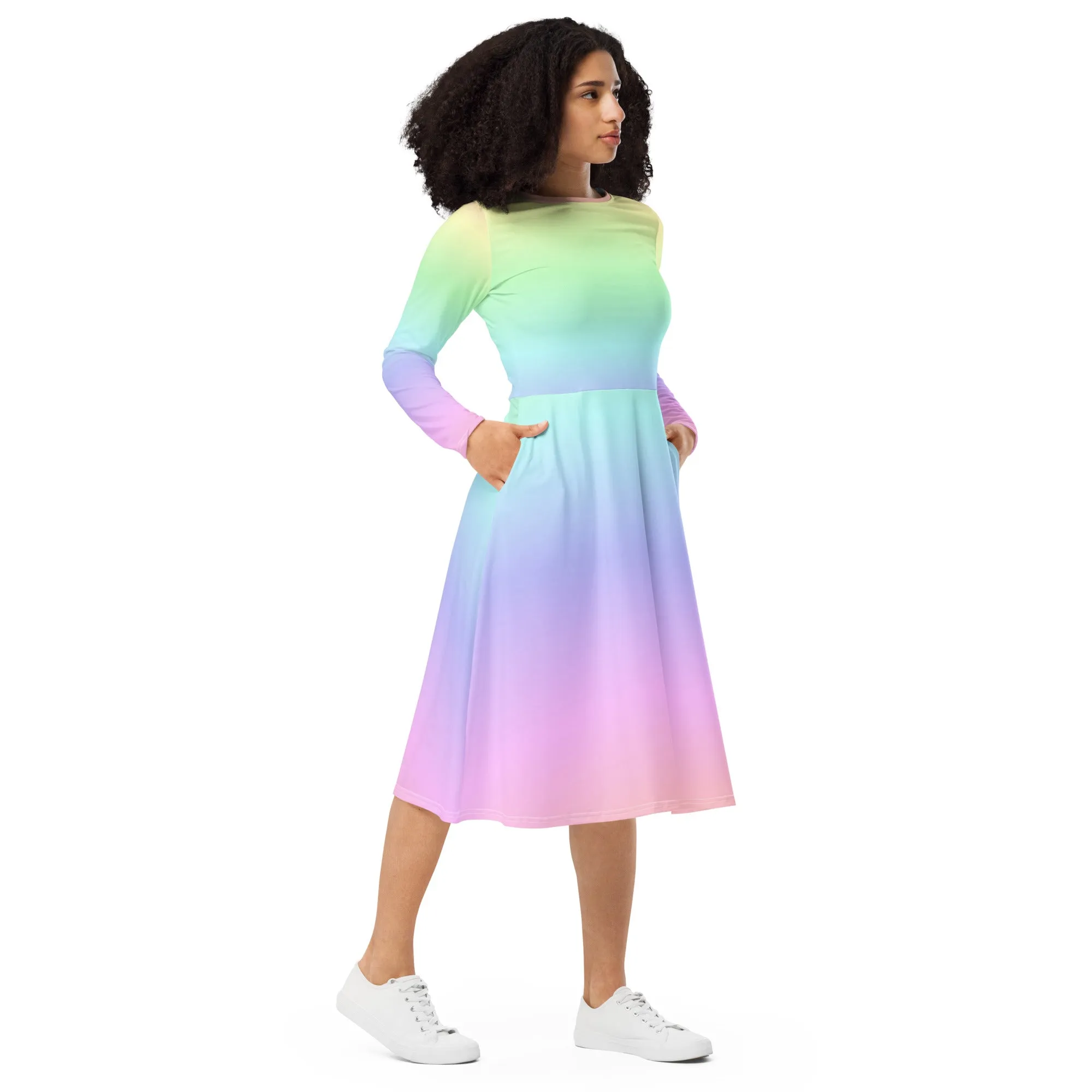 Pastel Rainbow Long Sleeve Midi Dress with Pockets, Women Ombre Gradient Pink Tie Dye Casual Cute Designer Flare Elegant Plus Size Dress