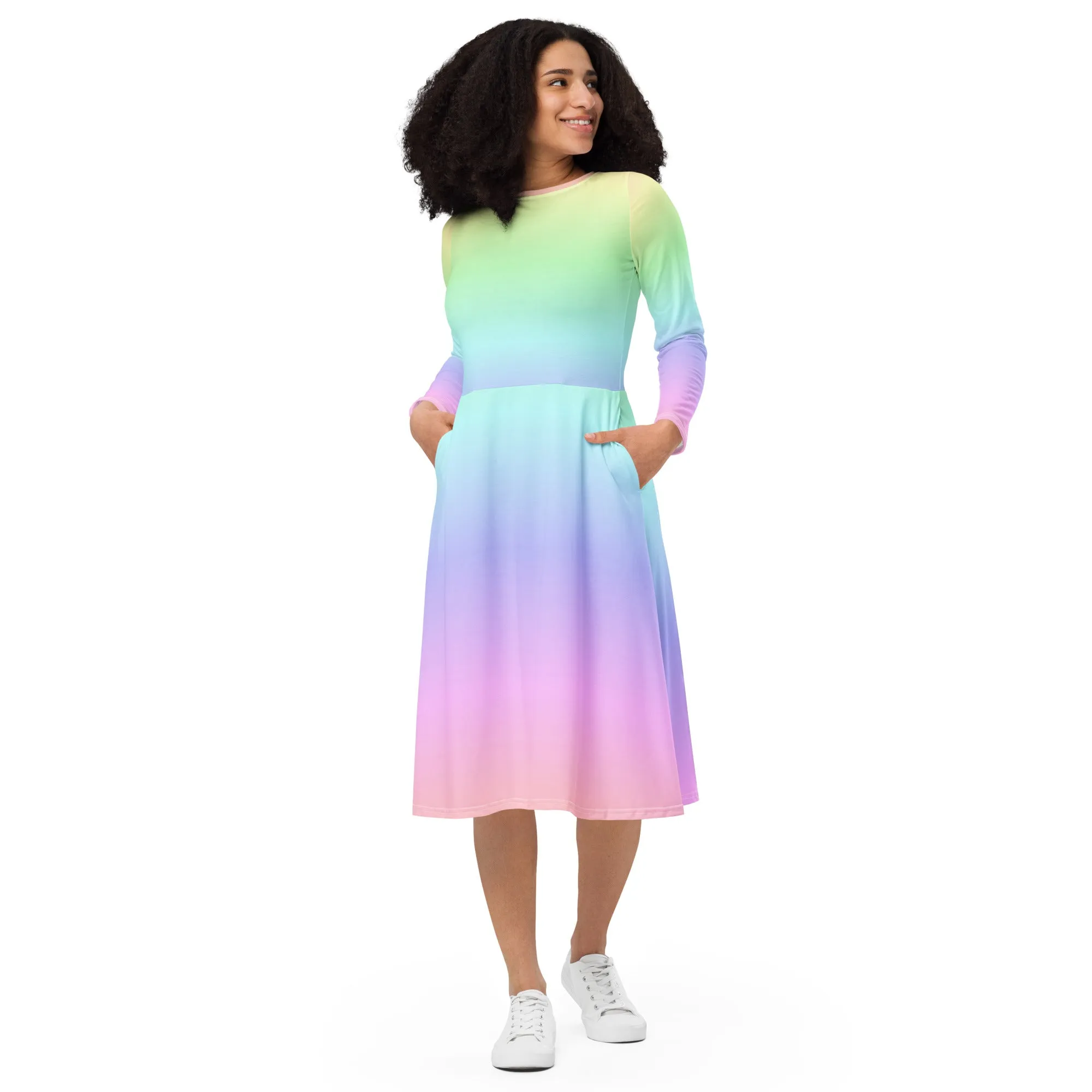 Pastel Rainbow Long Sleeve Midi Dress with Pockets, Women Ombre Gradient Pink Tie Dye Casual Cute Designer Flare Elegant Plus Size Dress