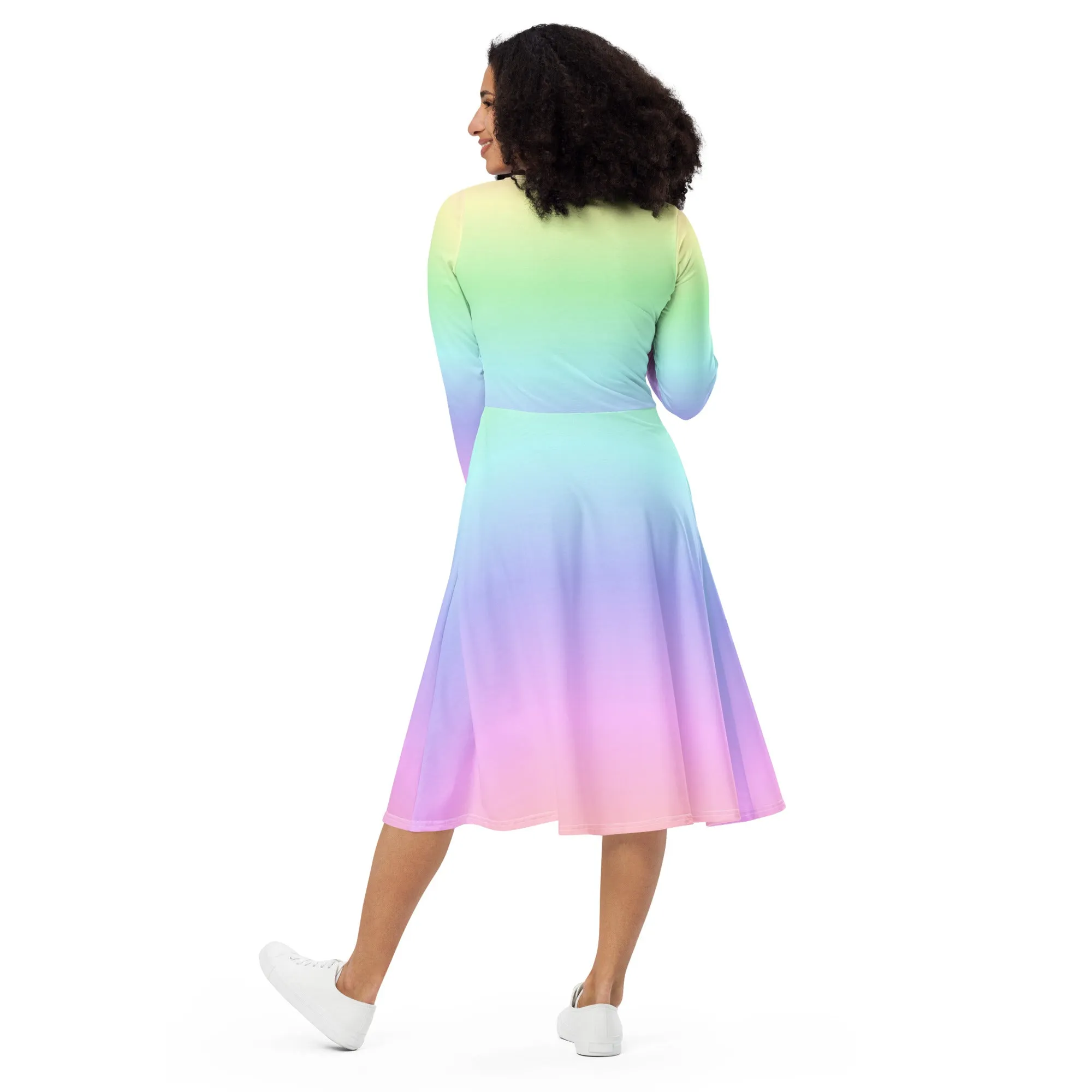 Pastel Rainbow Long Sleeve Midi Dress with Pockets, Women Ombre Gradient Pink Tie Dye Casual Cute Designer Flare Elegant Plus Size Dress