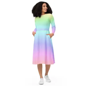 Pastel Rainbow Long Sleeve Midi Dress with Pockets, Women Ombre Gradient Pink Tie Dye Casual Cute Designer Flare Elegant Plus Size Dress