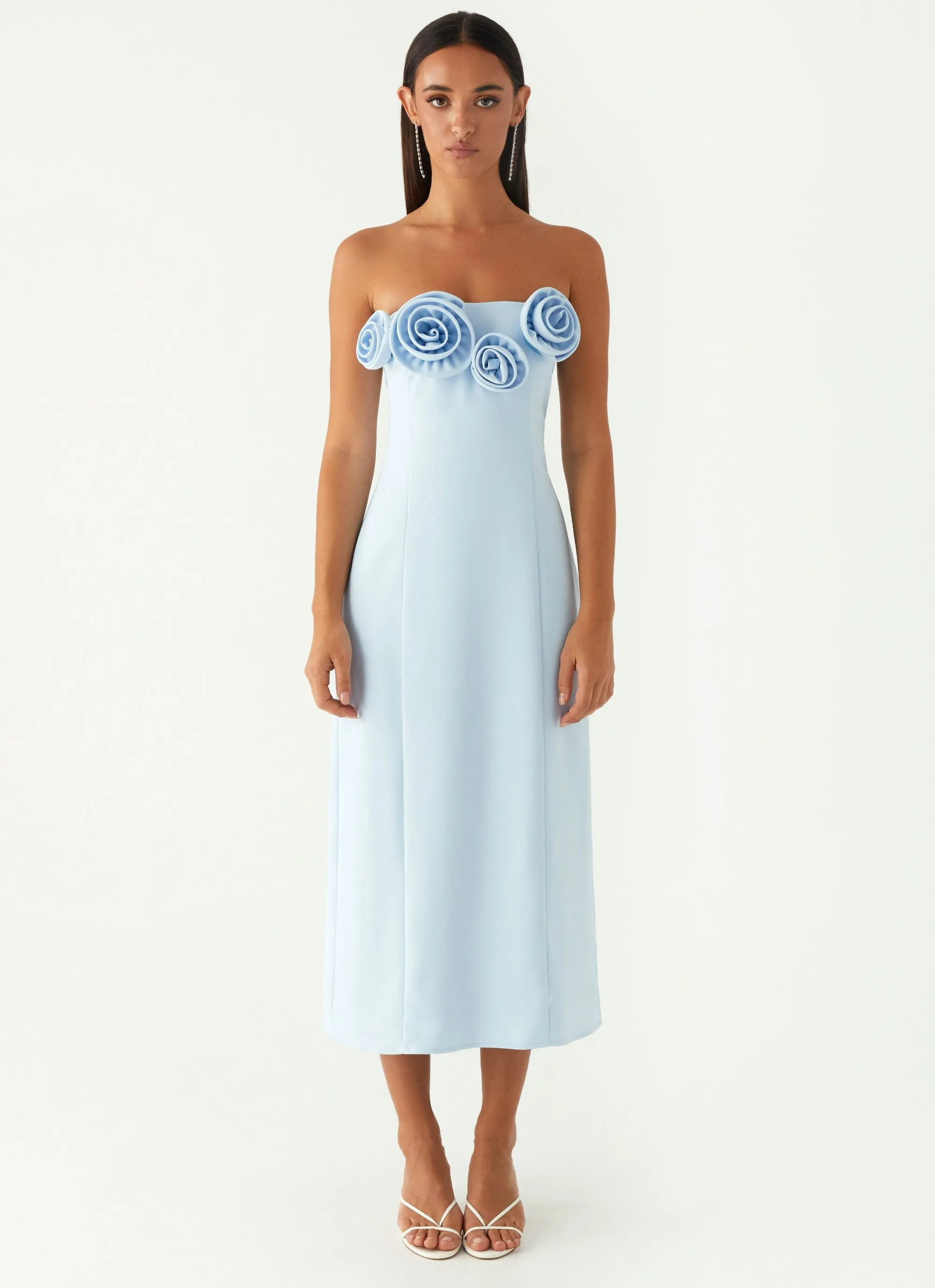 Perfect Fit Look Satin Grace Patsie Strapless Midi Dress - Blue