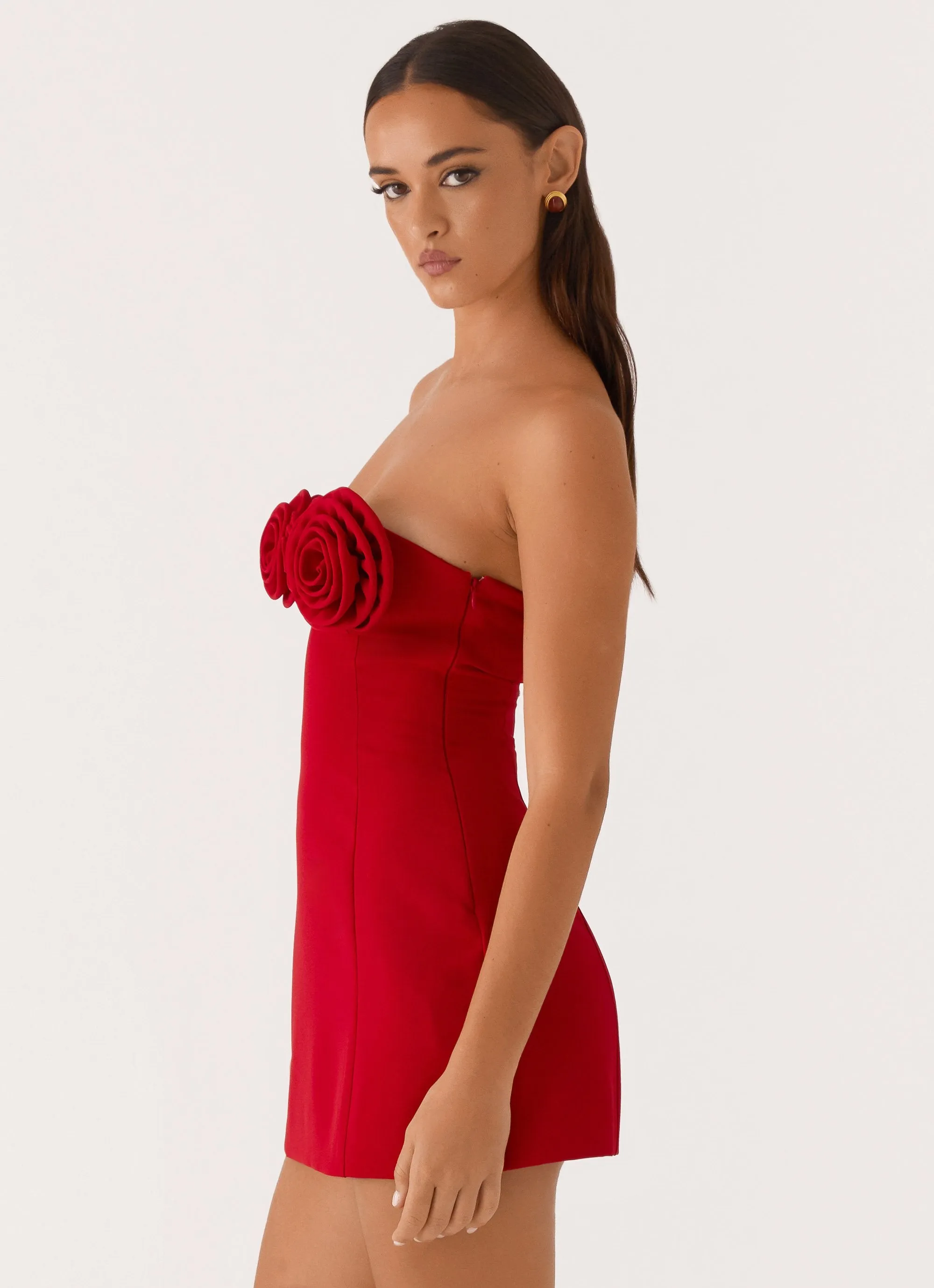 Soft Drape Ruffle Detail Patsie Strapless Mini Dress - Red