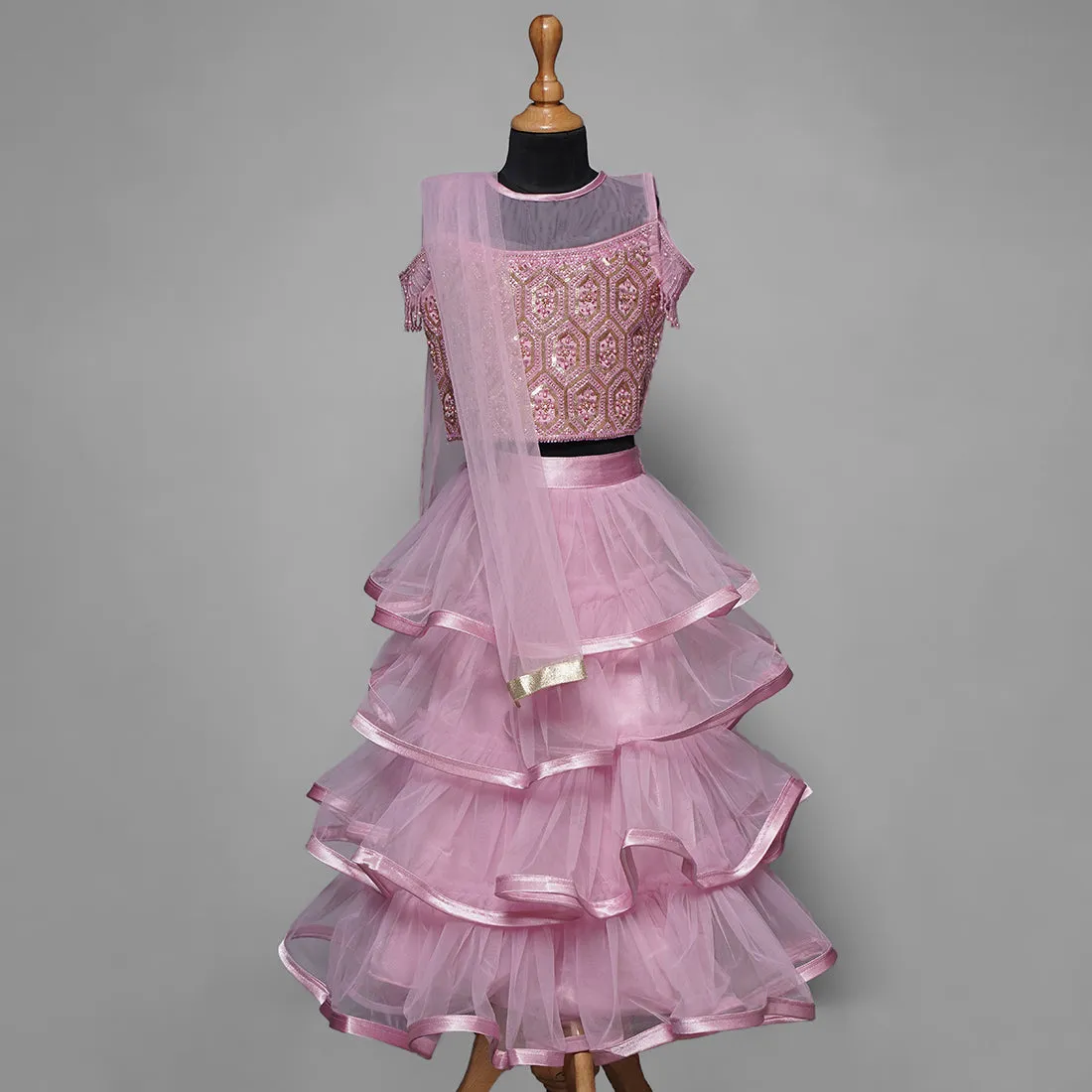Peach & Pink Girls Lehenga Choli
