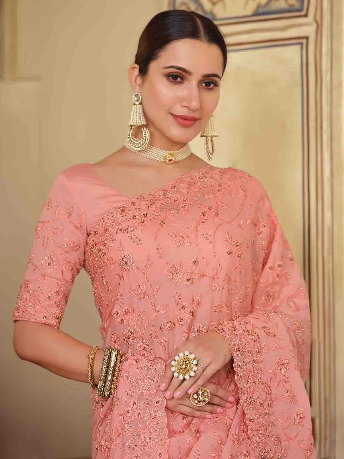Peach Chiffon Saree With Unstitched Blouse