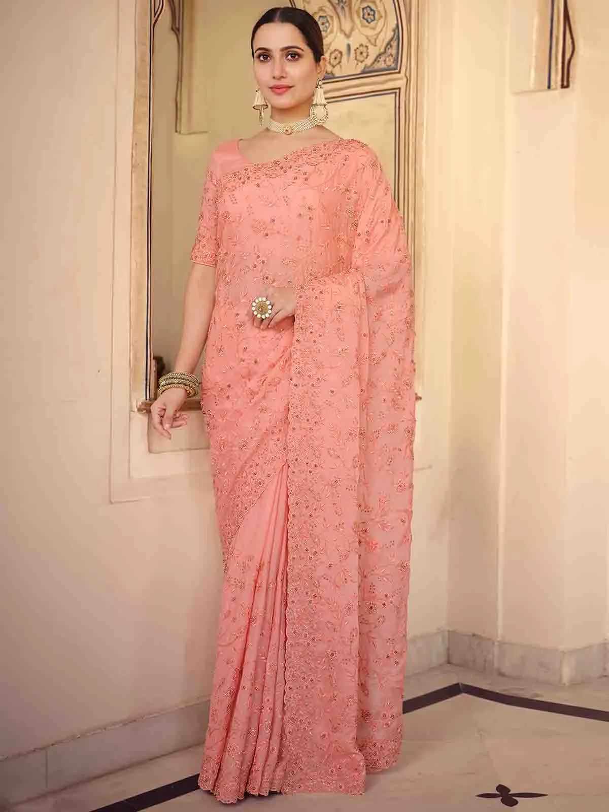 Peach Chiffon Saree With Unstitched Blouse