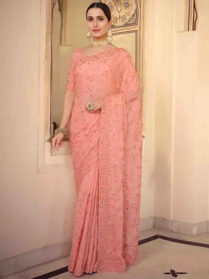 Peach Chiffon Saree With Unstitched Blouse