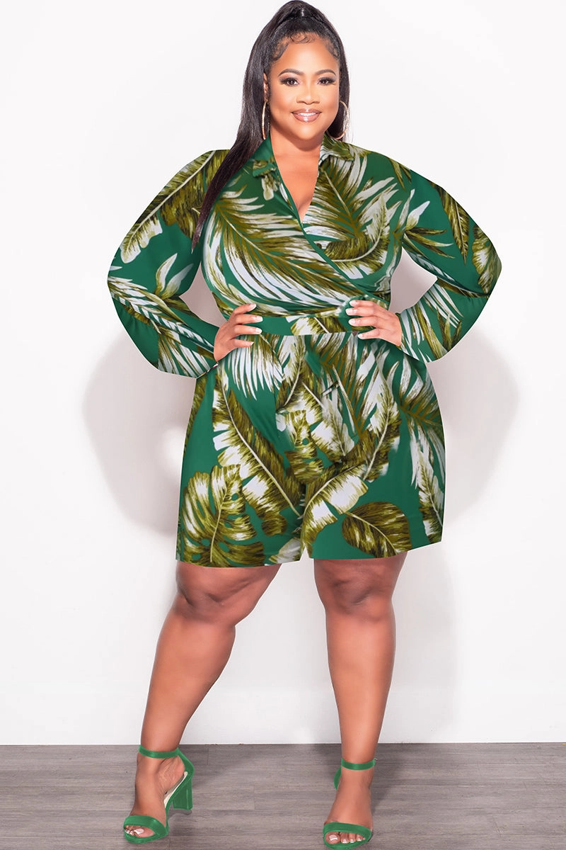 Final Sale Plus Size 2pc Crop Top & Bermuda Short Set in Green & Olive Palm Print Go Anywhere