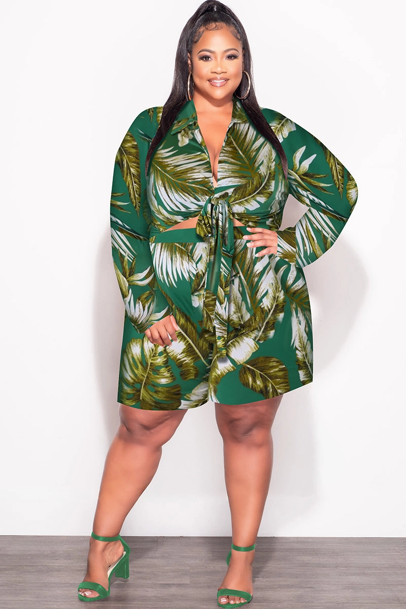 All Use Final Sale Plus Size 2pc Crop Top & Bermuda Short Set in Green & Olive Palm Print