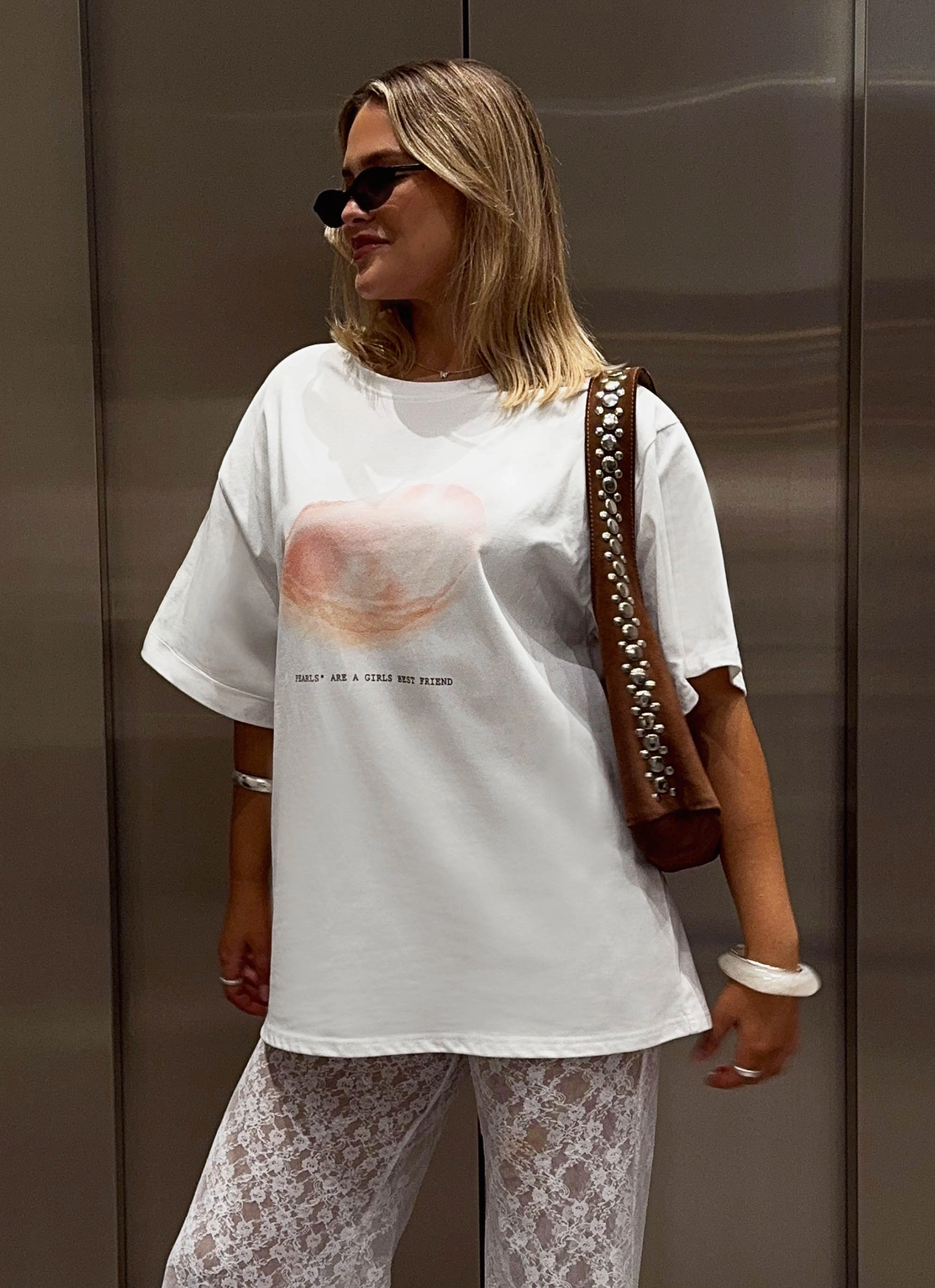 Retro Style Stretchable Neckline Pearl Oversized Tee - White