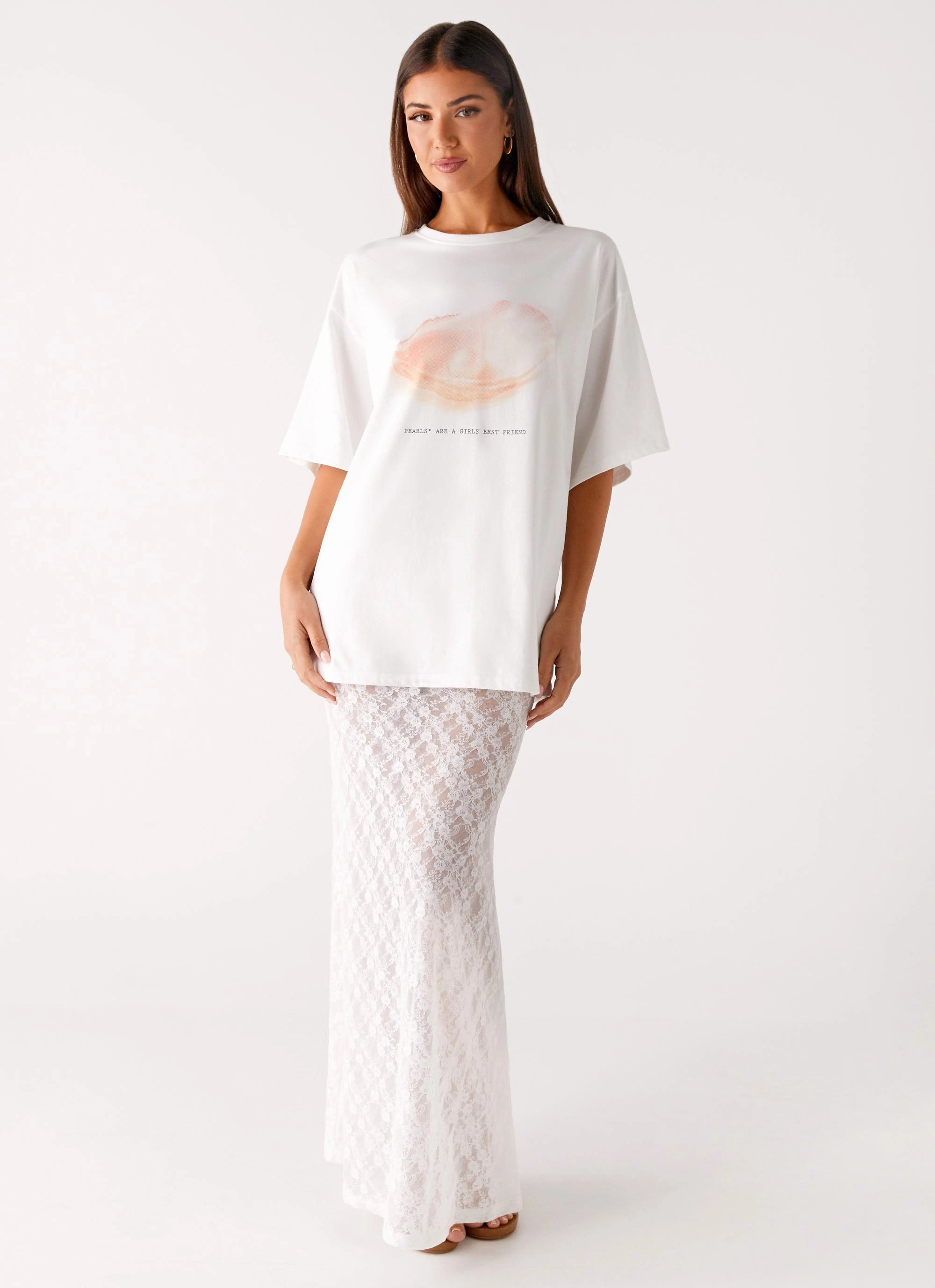 Pearl Oversized Tee - White Scoop Neck Shape Shape Retention Fabric