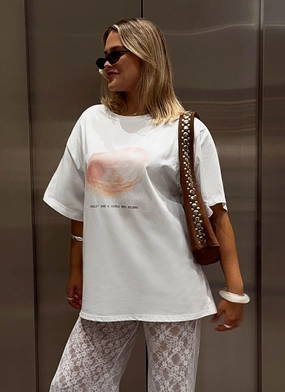 Retro Style Stretchable Neckline Pearl Oversized Tee - White