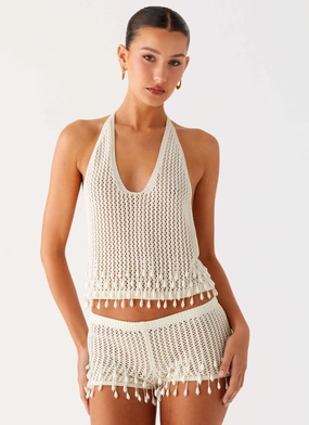 Pearl Shore Beaded Crochet Top - Ivory NonIrritating Stitching