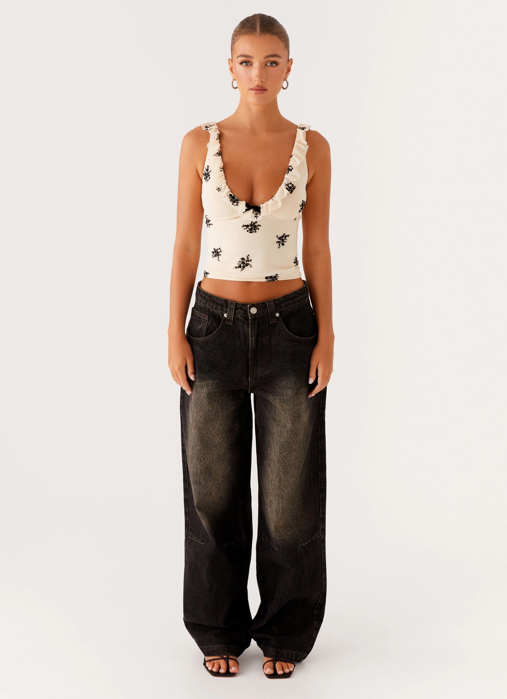 High Rise Laser cut Pera Baggy Denim Jeans - Brown Wash