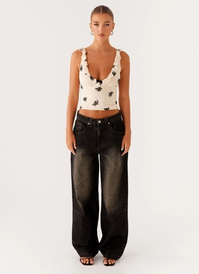 High Rise Laser cut Pera Baggy Denim Jeans - Brown Wash