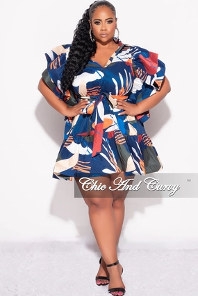 Functional Ease Final Sale Plus Size 3-Tiered Button Up Baby Doll Dress with Flutter Sleeves in Navy Orange and Olive MultiColor Print