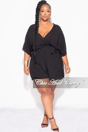 Tough Build Final Sale Plus Size Faux Wrap Romper with Tie in Black