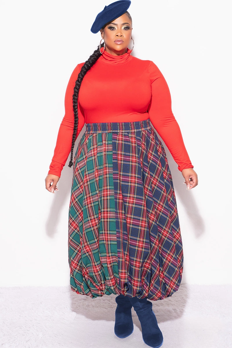 Final Sale Plus Size Colorblock Maxi Bubble Skirt in Plaid Print Recycled Polyester Sporty Comfort Fit