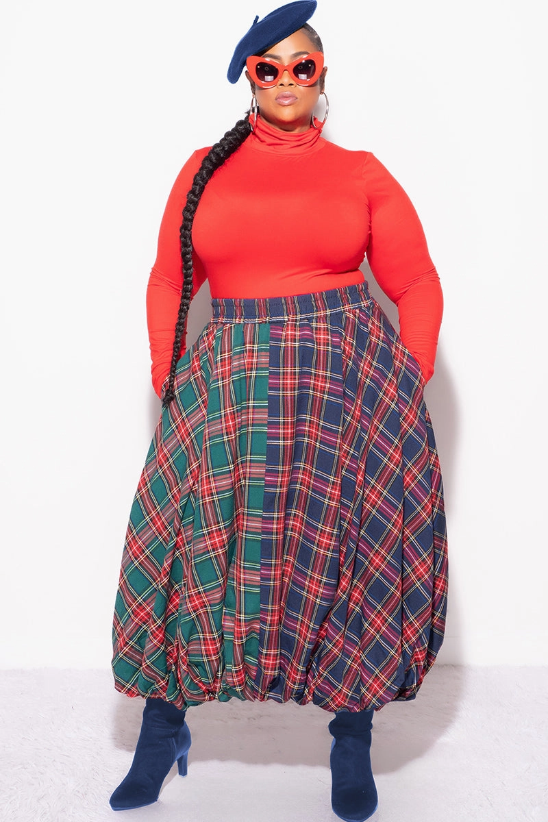 Final Sale Plus Size Colorblock Maxi Bubble Skirt in Plaid Print Stretch Comfort