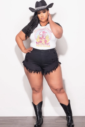 Final Sale Plus Size Distressed Fringe Shorts in Black Denim Functional Fit