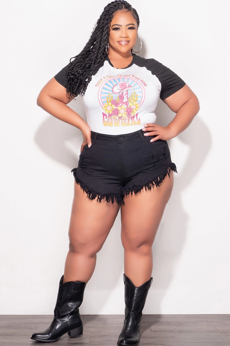 Stain Resistant Final Sale Plus Size Distressed Fringe Shorts in Black Denim