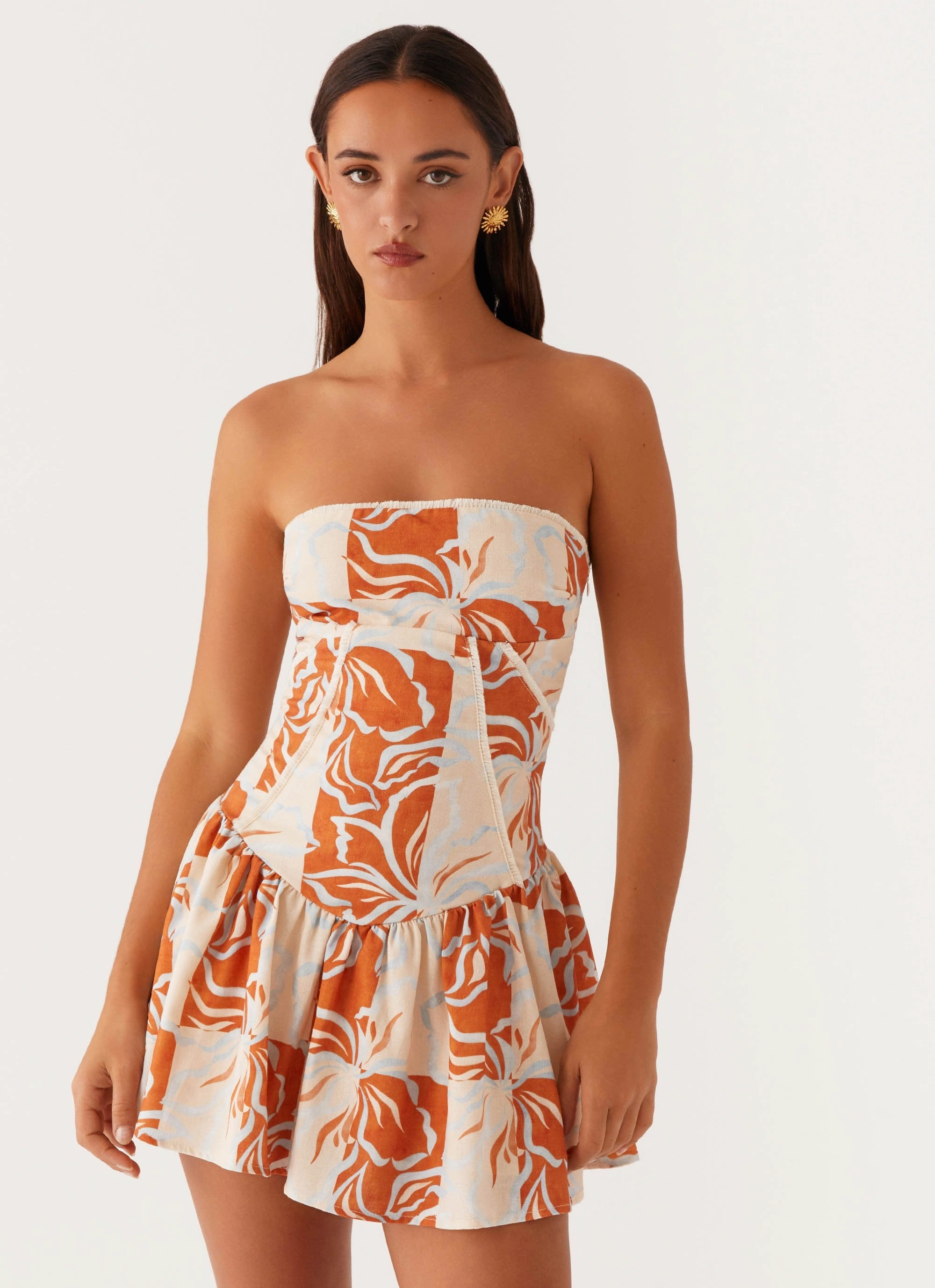Cozy Texture Cool Season Larnie Linen Mini Dress - Orange Blue Floral