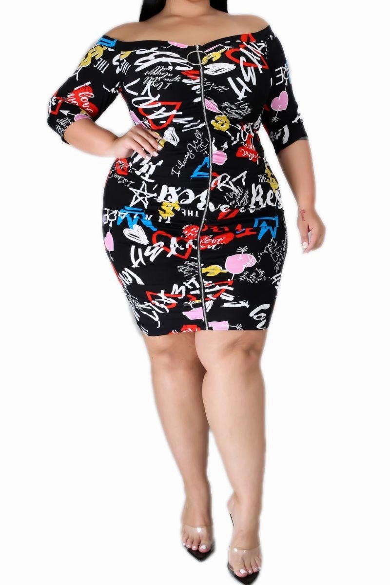 Final Sale Plus Size Off the Shoulder Dress with Graphic Print Body Friendly Fashionable Look