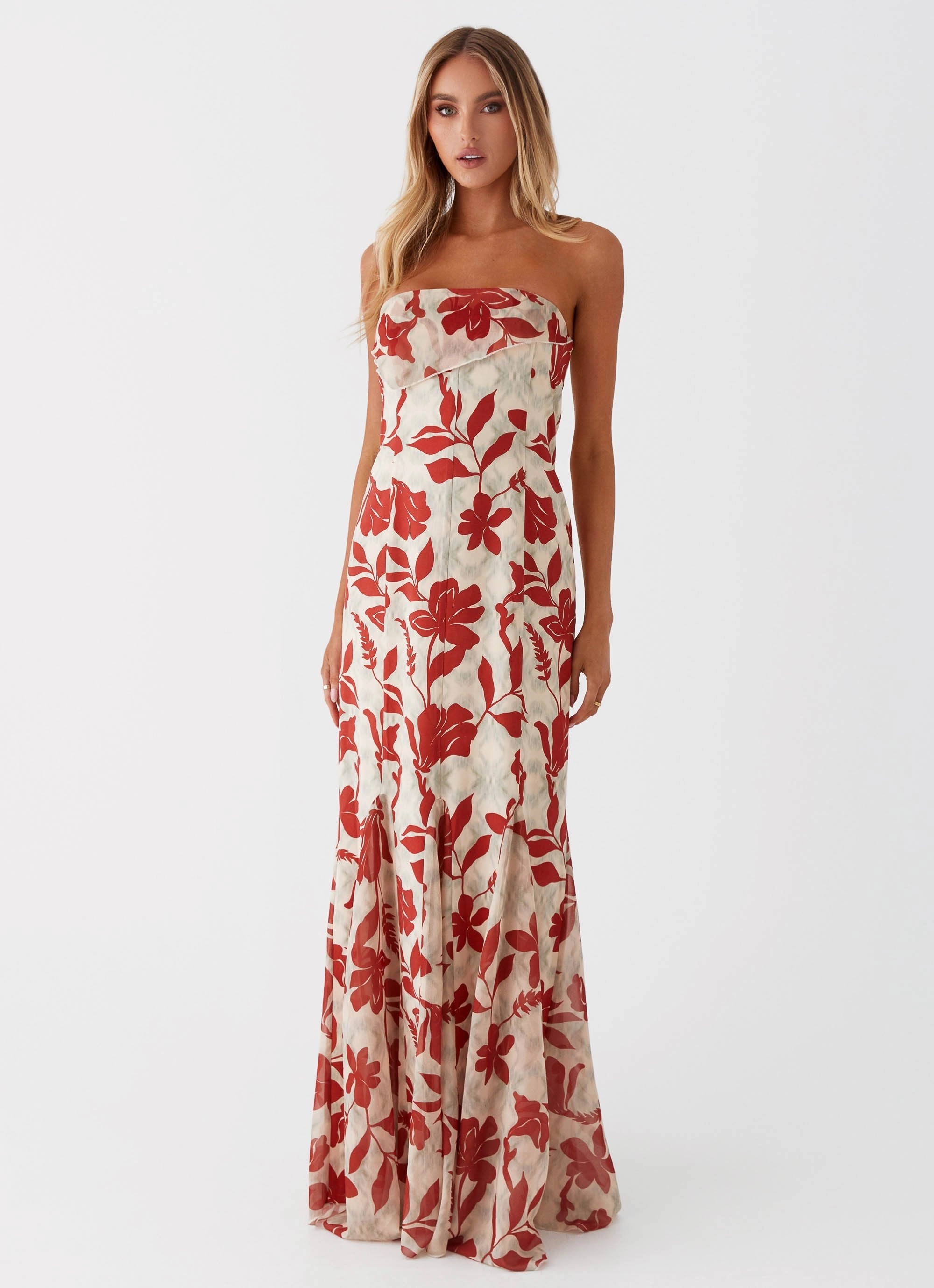 Willa Maxi Dress - Red Green Floral Evening Ready Neutral-Shade