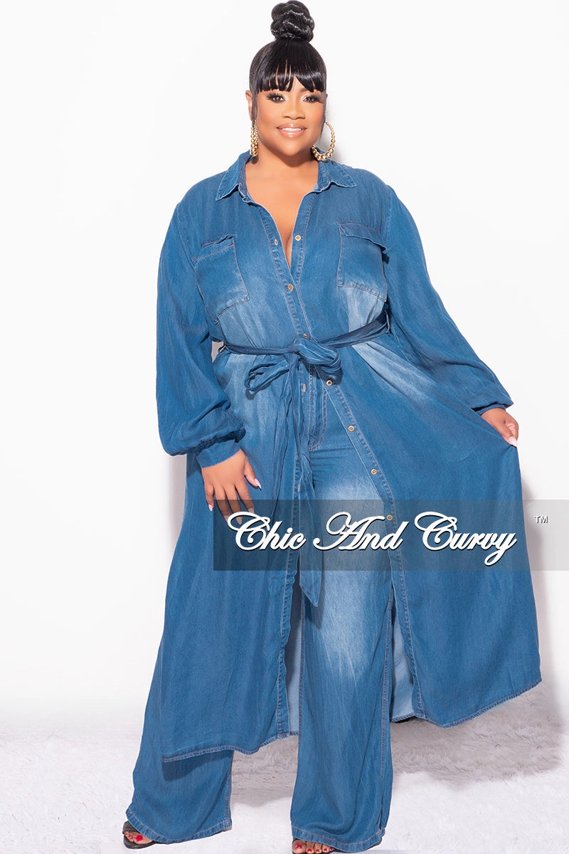 Laser Cut Edges Final Sale Plus Size 2pc Trench Jacket and Pants Set in Denim
