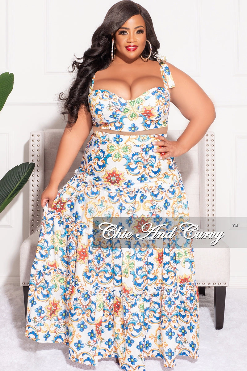 Active Look Final Sale Plus Size 2pc Skirt Set with Sleeveless Crop Top in White and Royal Blue Multi Color