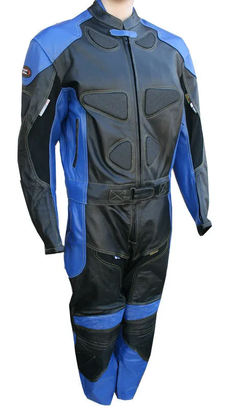 Perrini's Poison 2 pc Motorcycle Cow Hide Genuine Leather Suit Racing Blue/Black