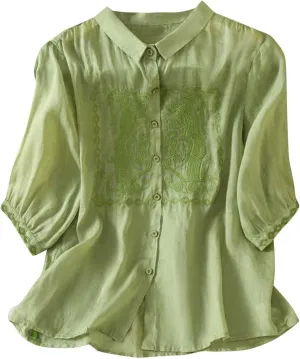 Peter Pan Collar Cotton Linen Shirt for Women Summer Lightweight Half Sleeve Button Up Tunic Tops Casual Boho Blouse